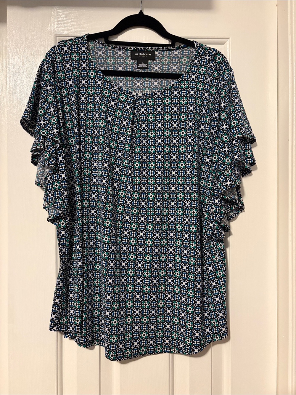 Liz Claiborne Navy and Teal Geometric Ruffle Sleeve Top